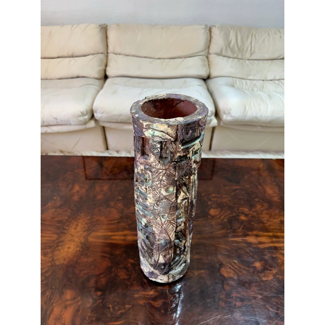 1970s Monumental Vintage Brutalist Studio Pottery Cylinder Vase For Sale - Image 4 of 11