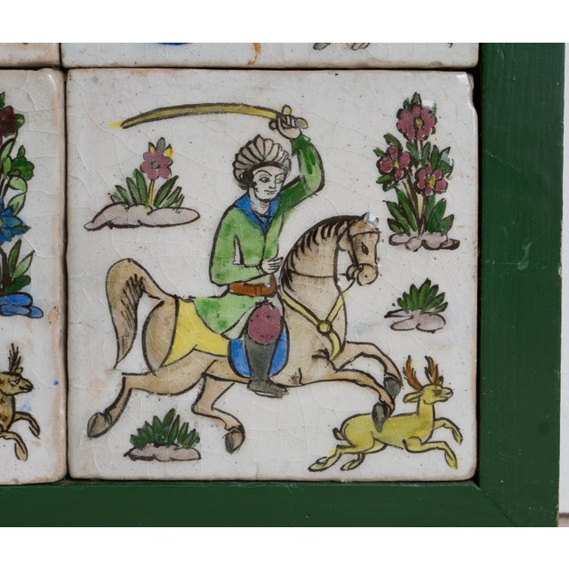 Gemstone Set of Six Antique Persian Qajar Tiles Depicting Hunters on Horseback, 19th Century For Sale - Image 7 of 14
