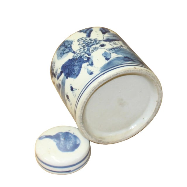 2010s Chinese Blue White Ceramic Oriental Scenery Graphic Container Urn Jar For Sale - Image 5 of 7