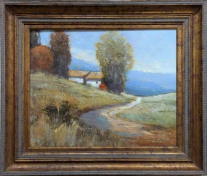 Framed Contemporary Landscape Painting of a Mediterranean Village, Farmhouse and Mountain.
