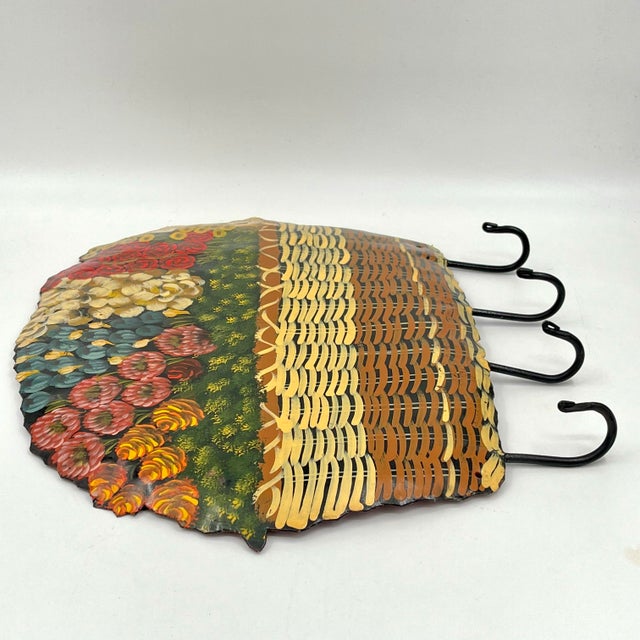 Rustic Vintage Hand Painted Toleware Floral Nantucket Basket Wall Hooks For Sale - Image 3 of 12