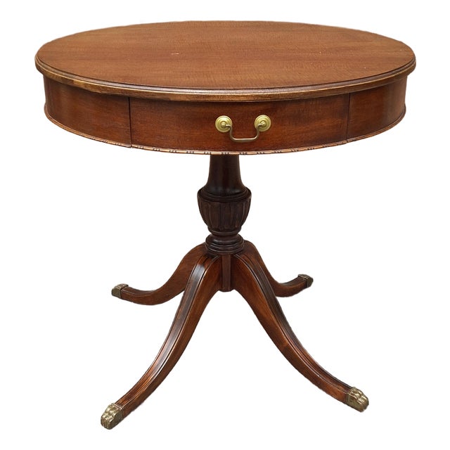 1940s Georgian-Style Mahogany Drum Table With a Single Drawer and Brass Hardware For Sale