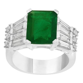 5.5 Carat Emerald Cut Emerald and Diamond Ring 18 Karat Gold Ring For Sale