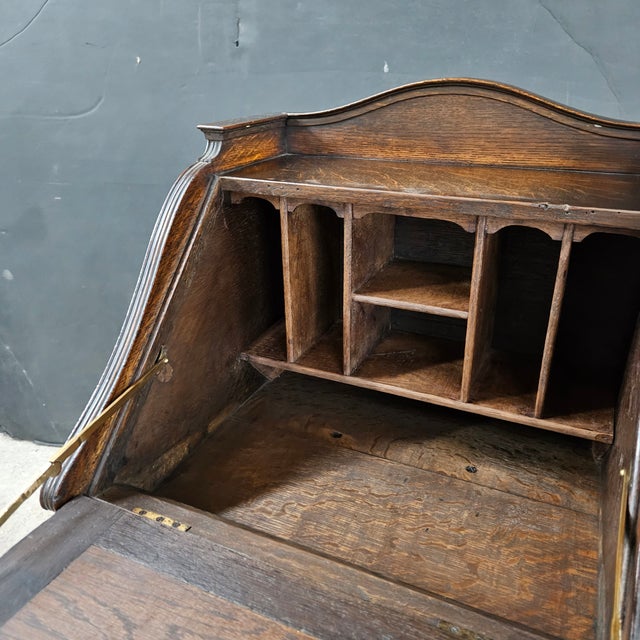 Wood Antique Oak Secretary/Bureau/Lecturn With Carved Front Fall on Turned Leg Base For Sale - Image 7 of 17