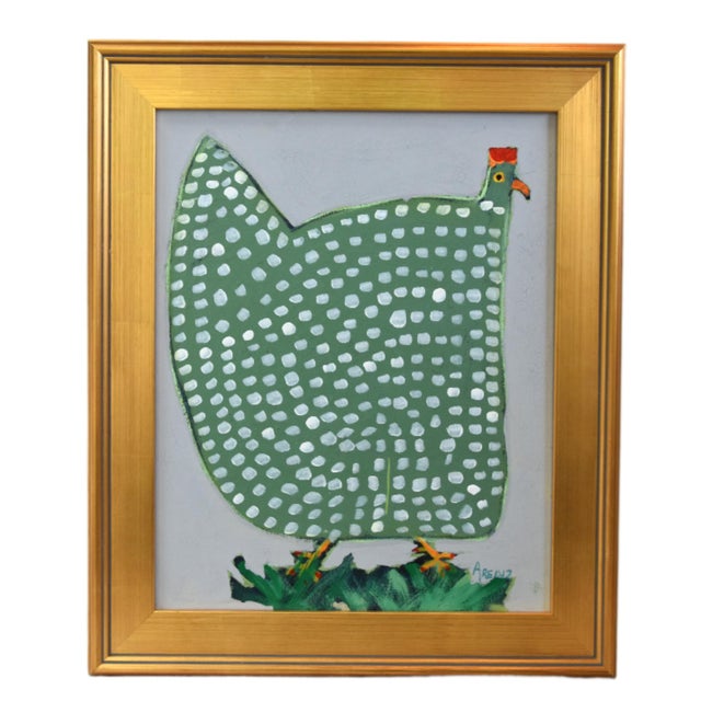 2020s Original Green Folk Art Chicken Hen Painting by Ruth Arenz Including the Antiqued Gold Wood Fame For Sale - Image 5 of 5