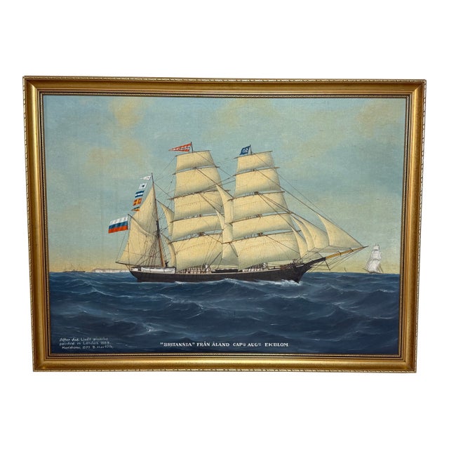 Vintage Maritime Oil Painting of “Britannia of Åland” – Scandinavian Ship Portrait, Baltic Barque, Signed Hartvik After Lind For Sale