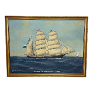 Vintage Maritime Oil Painting of “Britannia of Åland” – Scandinavian Ship Portrait, Baltic Barque, Signed Hartvik After Lind