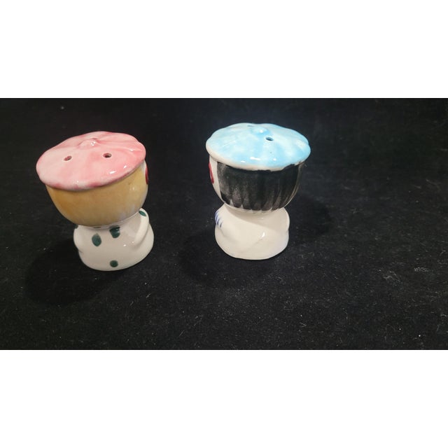 Vintage Boy & Girl Egg Cups Salt Pepper Shakers Japan Kitsch 1950 Fun Set Blue Pink - Set of 4 For Sale - Image 12 of 12