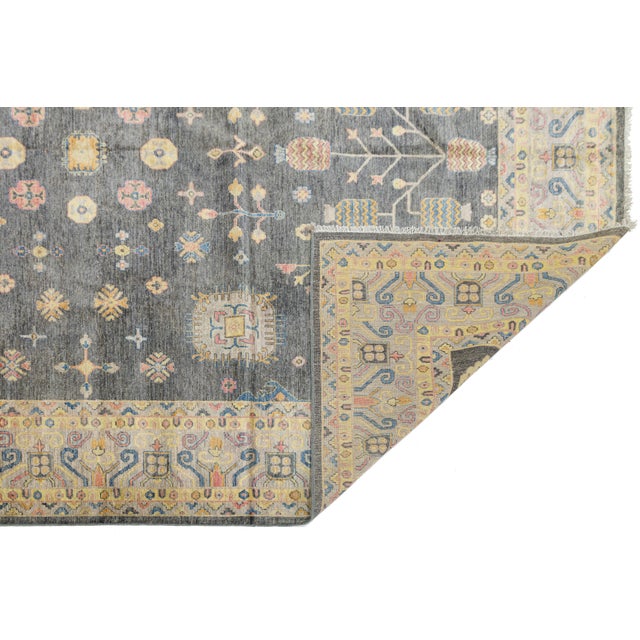 Modern Modern Khotan Style Charcoal Grey & Gold Handmade Wool Rug 10x14 For Sale - Image 3 of 12
