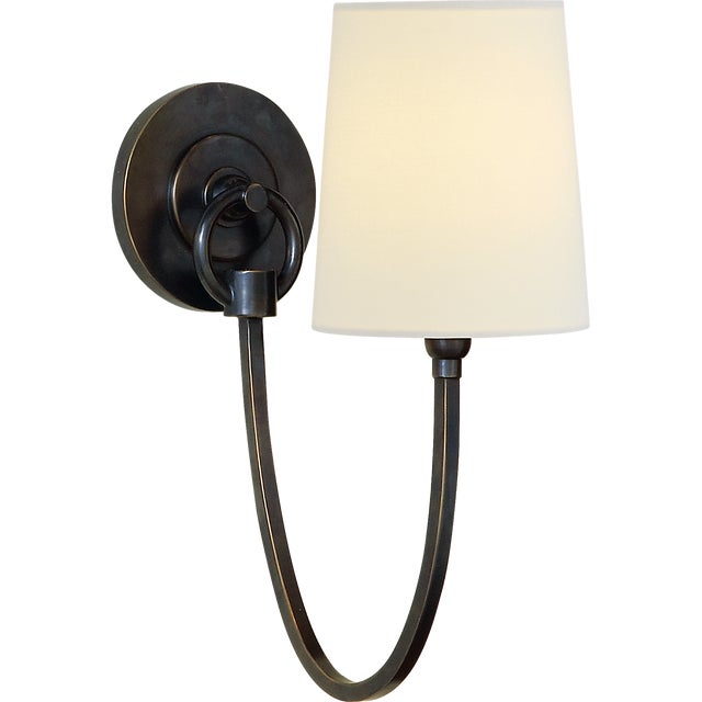 Reed Single Sconce in Bronze with Linen Shade Designer: Thomas O'Brien Finish: Bronze Height: 13" Width: 5" Extension:...
