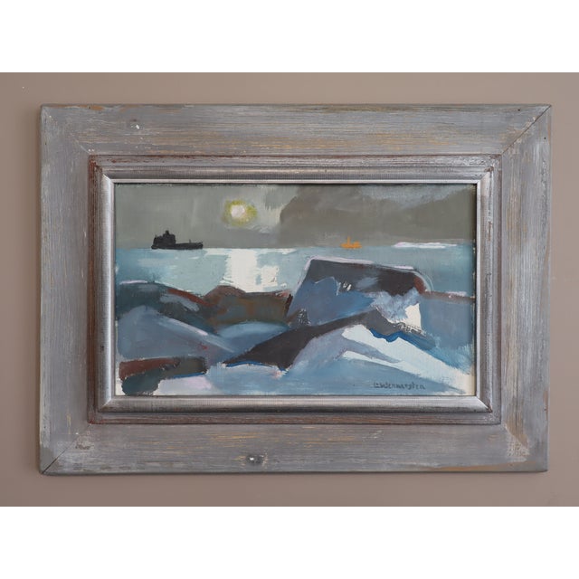 MOONLIT SEA Size: 13.4 x 18.5 inches (including frame) Oil on board An atmospheric mid-century abstract coastal landscape,...