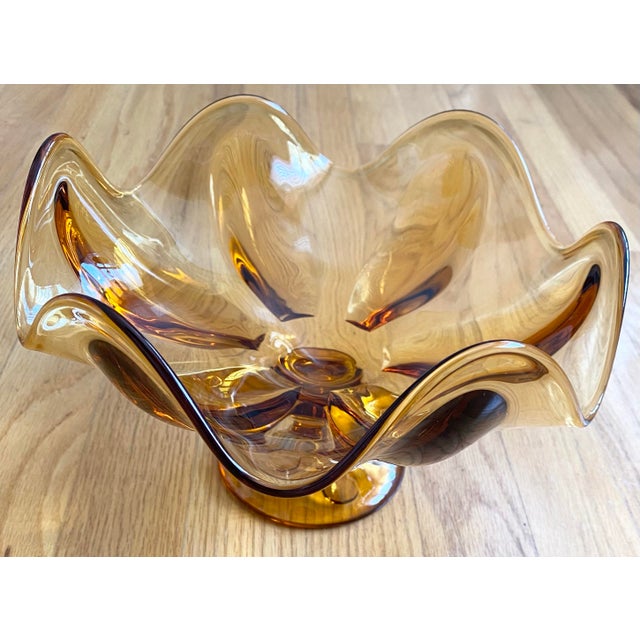 Mid-Century Modern 1960s Viking Art Glass Epic Amber Six Petal Footed Wavy Pedestal Compote Bowl For Sale - Image 3 of 7