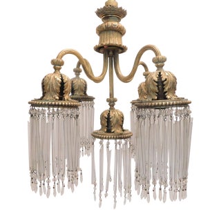 1920's Bronze and Crystal Five Arm Chandelier With Leaf Motif For Sale