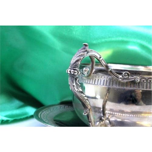 Silver Cup and Saucer with Raised Borders and Cut-Out Handle, Set of 2 For Sale - Image 4 of 7