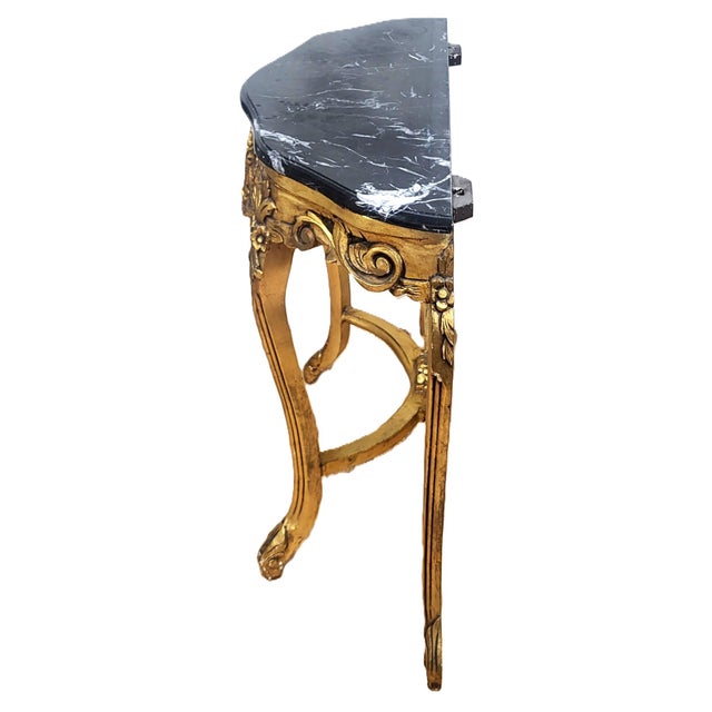Mid 20th Century Vintage Rococo French Style 20th C Gilt Carved Wood Marble Console Table & Mirror For Sale - Image 5 of 15