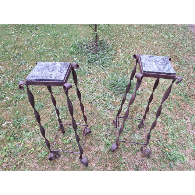 Brutalist Wrought Iron and Veined Marble Garden Columns, Set of 2 For Sale - Image 4 of 16