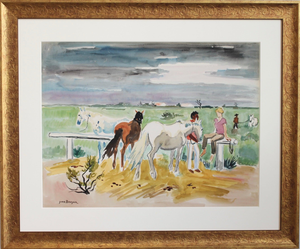 Yves Brayer, Guardians with Horses in the Camargue, 1950s, Gouache on Paper