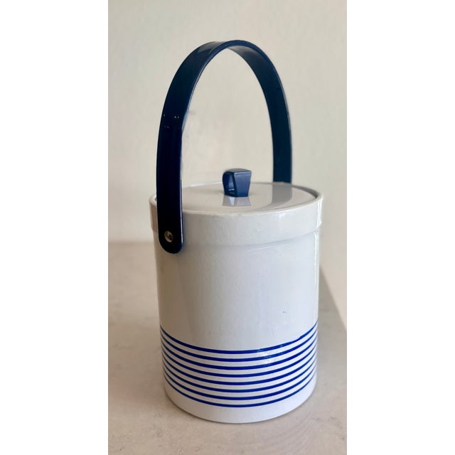 Navy Blue Vintage Nautical Navy Blue and White Striped Ice Bucket For Sale - Image 8 of 9