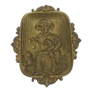 Early 20th Century Victorian Country Farm Boy Dog Cat Brass Decorative Arts Soap Dish Trinket Pin Tray