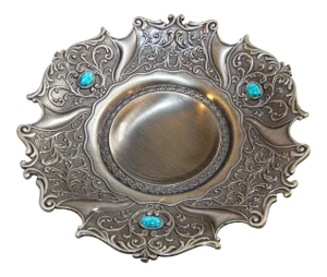Metal Cast Silvered Platter with Turquoise Stones Inlaid
