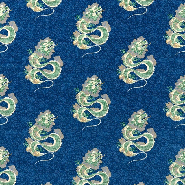 Sanderson Water Dragon Fabric in Emperor Blue/Emerald For Sale