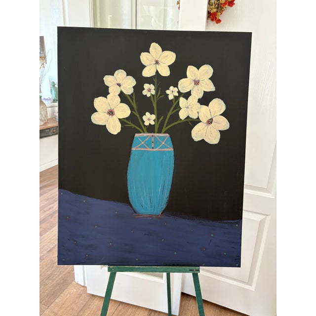 Textile Original Artisan Bold Primitive Floral Canvas Painting For Sale - Image 7 of 7