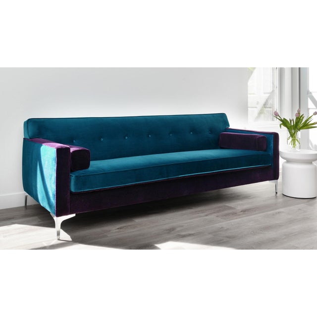 Mid-Century Modern Custom Reimagined 88" Mid-Century Modern Style Two-Tone Teal Velvet and Dark Purple Mohair Sofa For Sale - Image 3 of 7