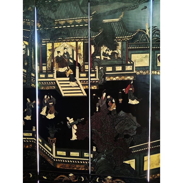 Ebony Grand Chinese Export Eight Panel Lacquered Coromandel For Sale - Image 8 of 17