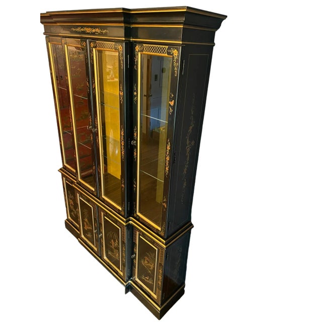 Chinoiserie Ethan Allen Hand Painted Black Chinoiserie Asian China Display Cabinet For Sale - Image 3 of 10