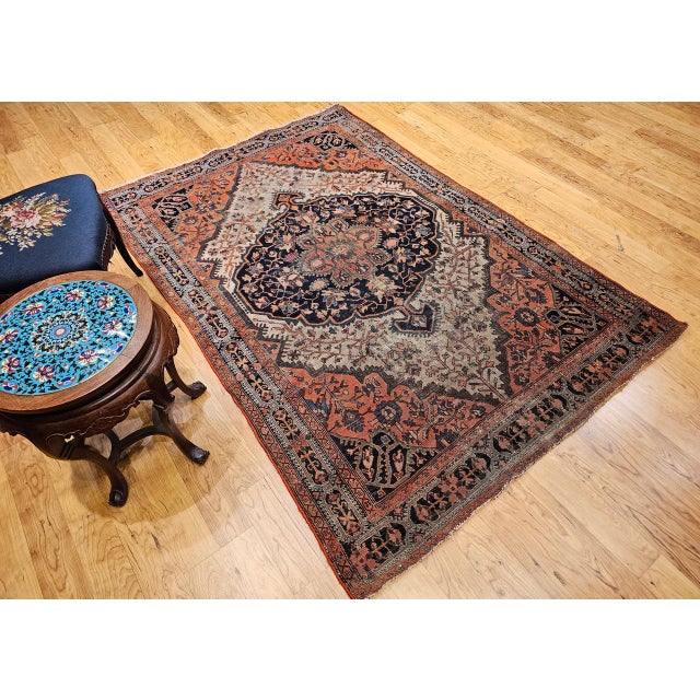 Navy Blue Antique Persian Farahan Sarouk Rug, Hand-Knotted Wool, Floral Pattern, Ivory & Brick Red, 5x7 For Sale - Image 8 of 17