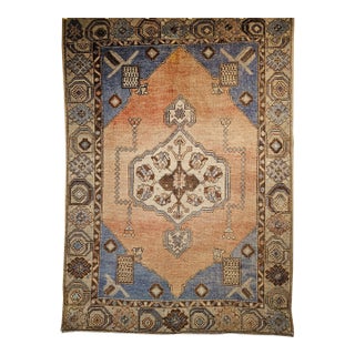 Vintage Turkish Oushak Area Rug, Hand-Knotted Wool, Blue & Tan, 4' x 6' For Sale