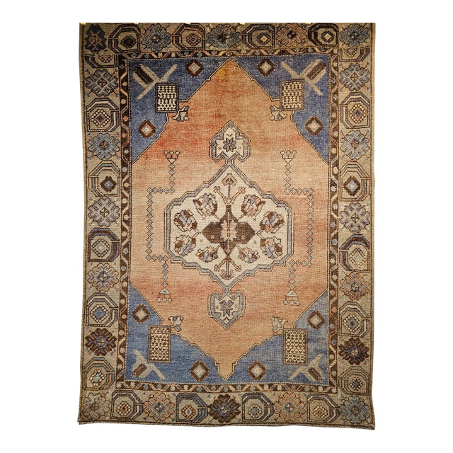 Vintage Turkish Oushak Area Rug, Hand-Knotted Wool, Blue & Tan, 4' x 6' For Sale