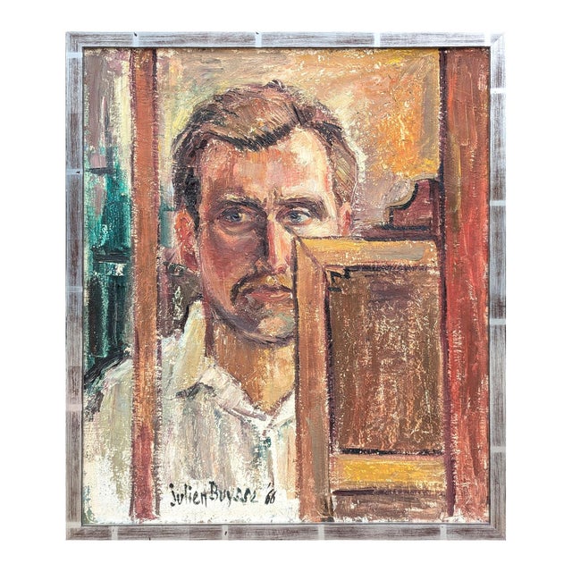 Julien Buysse "Portrait of the Artist" Early Realistic Neutral Toned Figurative Painting, 1966 For Sale - Image 4 of 11