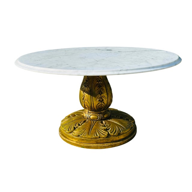 1960s CONMAR Italian Hollywood Regency Coffee Table with Carrara Marble Top | Hand-Carved Giltwood Acanthus Pedestal |...
