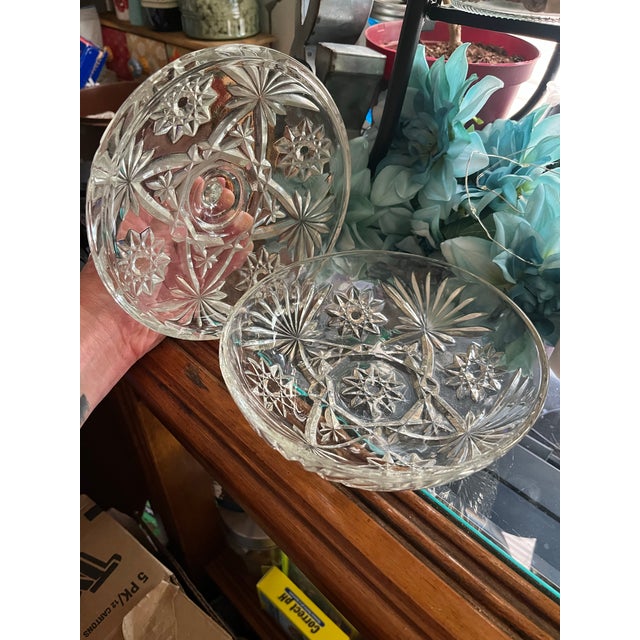 Mid-Century Modern Vintage Anchor Hocking “Prescut” Crystal Clear Glass Candy Dish W/ Lid For Sale - Image 3 of 7