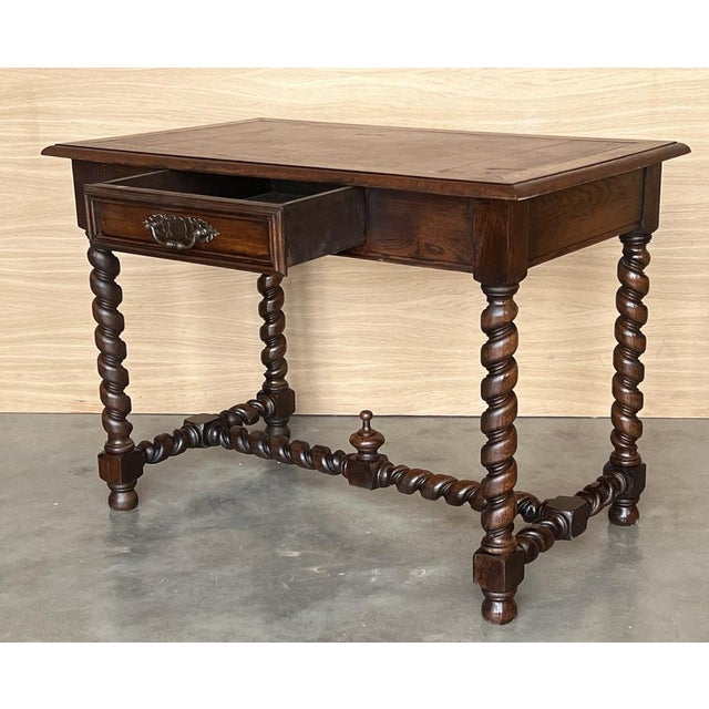 Antique French Walnut Desk with Drawer and Leather Top, 1890 For Sale - Image 6 of 13