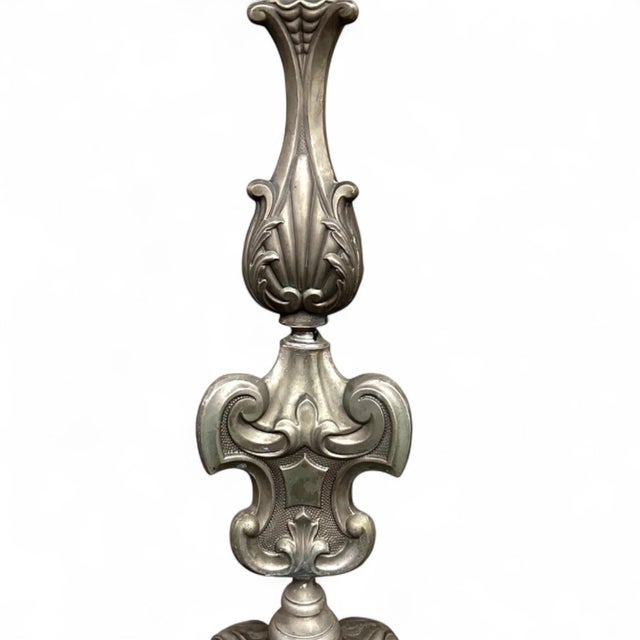 Pair Antique Solid Pewter Baroque Style Candlestick Floor Lamps For Sale - Image 11 of 12