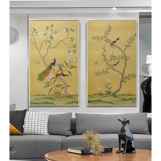 Unframed Chinoiserie Peacock Wallpaper Hand Painted Artworks - 2 Panels For Sale - Image 4 of 5