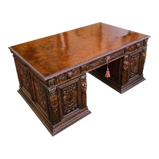 Antique Circa 1880 French Renaissance Revival Partner's Desk, Fully Carved on All Sides With Parquetry Top For Sale