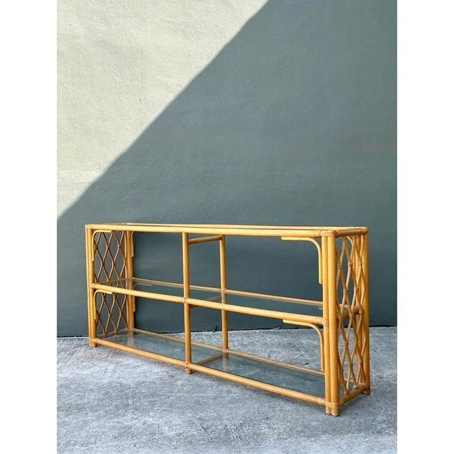 Vintage Trellis Rattan and Glass Console Table For Sale - Image 4 of 12