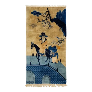 Blue & Tan Chinese Antique Peking Handmade Wool Rug With Pictorial Design