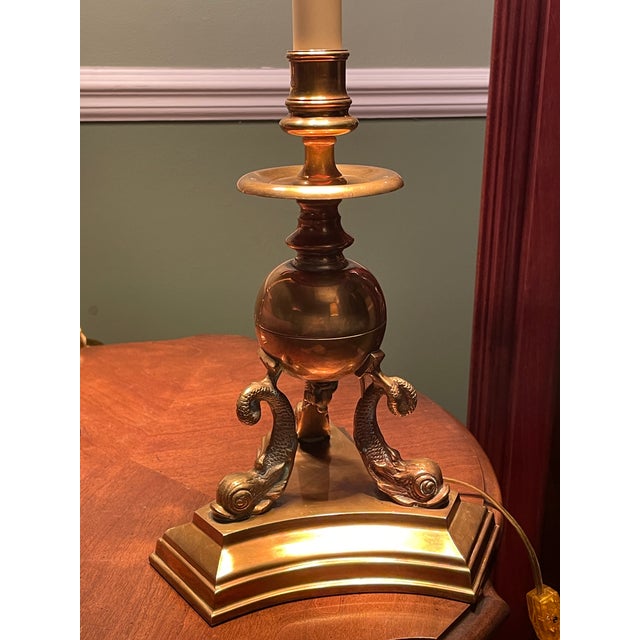 Pair Vintage 1987 Chapman Brass Dolphin Buffet Lamps Black Gold Foil Shades 37" For Sale In Philadelphia - Image 6 of 13
