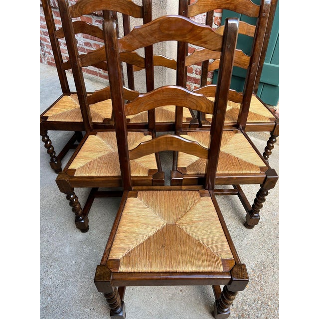 Vintage French Dining Chairs Set 6 Oak Barley Twist Rush Seat Ladder Back For Sale - Image 14 of 18
