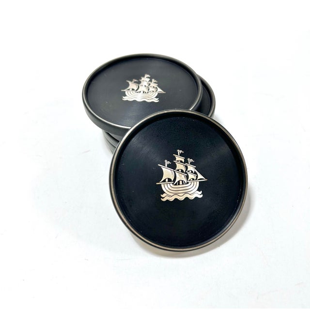 Vintage Nautical Silver Ship Coasters – Swedish Lerstorp Black Bakelite/Isolite Scandinavian Barware - Set of 6 For Sale - Image 9 of 9