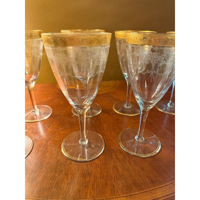 1920s Antique Cambridge Etch 701 - 7" Water Goblets - Etched W/Gold Bands - Set of 8 For Sale - Image 5 of 18