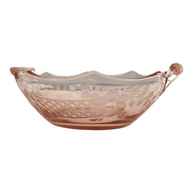 Vintage Elegant Pink Depression Glass Scalloped Lattice & Floral Etched Serving Bowl With Handles For Sale