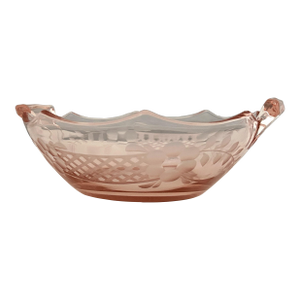 Vintage Elegant Pink Depression Glass Scalloped Lattice & Floral Etched Serving Bowl With Handles