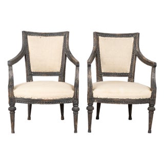 Pair 19th Century Swedish Gustavian Black Painted Carved Armchairs For Sale