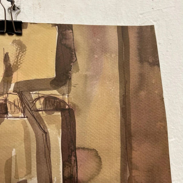 1960s Stylized Brown Portrait Watercolor, Signed Circa 1967, 10.5x17 Inches For Sale - Image 5 of 9