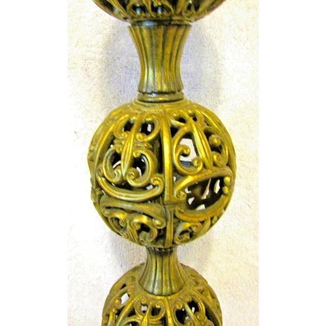 1950s Vintage Pair Reticulated Three Ball Tall Buffet Table Lamps Milk Glass Shades Attributed to Stiffel For Sale - Image 5 of 7